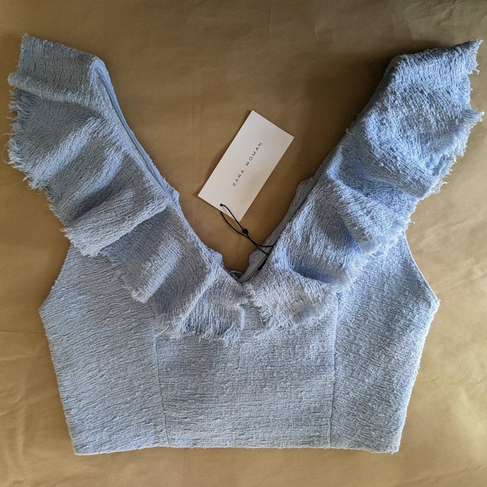 Zara blue crop top. Ruffles fringe side zip - Picture 9 of 13